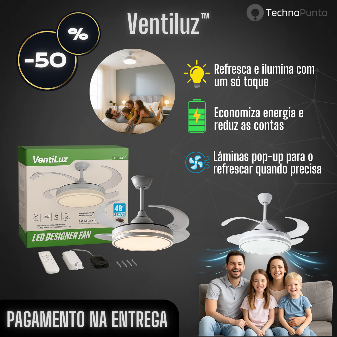 Ventiluz™ - Ventilador de teto LED com lâminas retrácteis
